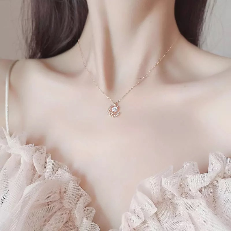 Vòng cổ Bạc S925 Mặt Trăng Và Ngôi Sao Đính Đá Thời Trang Cho Nữ
