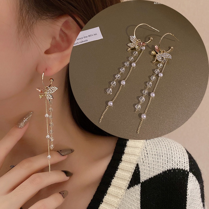 Bông Tai Bạc 925 Dáng Dài Phối Tua Rua Hình Bướm Đính Đá Pha Lê Thời Trang Sang Trọng Cho Nữ