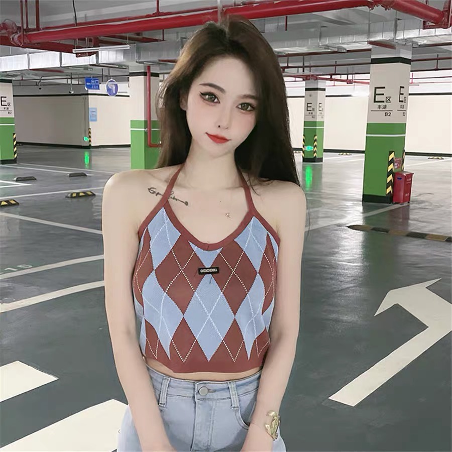 Áo yếm croptop dệt kim caro nữ - Áo ba lỗ len kiểu buộc dây cô tim dáng ngắn hàng đẹp thiết kế Quảng Châu cao cấp