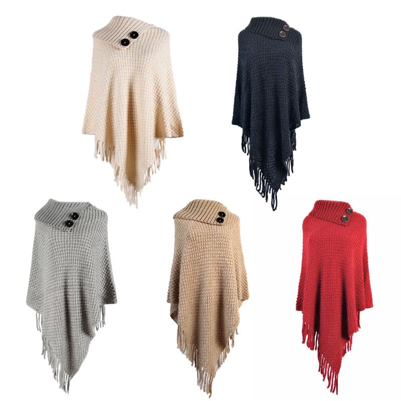 Áo Sweater Dệt Kim Chui Đầu Hở Nửa Cổ Cài Nút Màu Sắc Ấm Áp Viền Tua Rua Cho Nữ