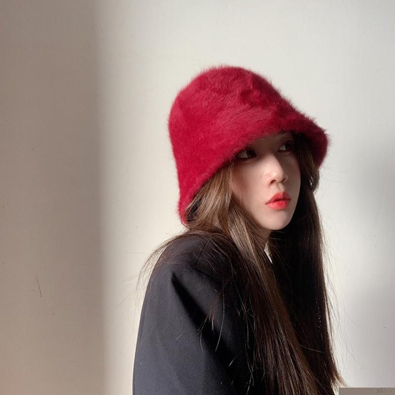 Mũ bucket nữ phối lông cừu giả dày dặn màu trơn thời trang phong cách Hàn Quốc