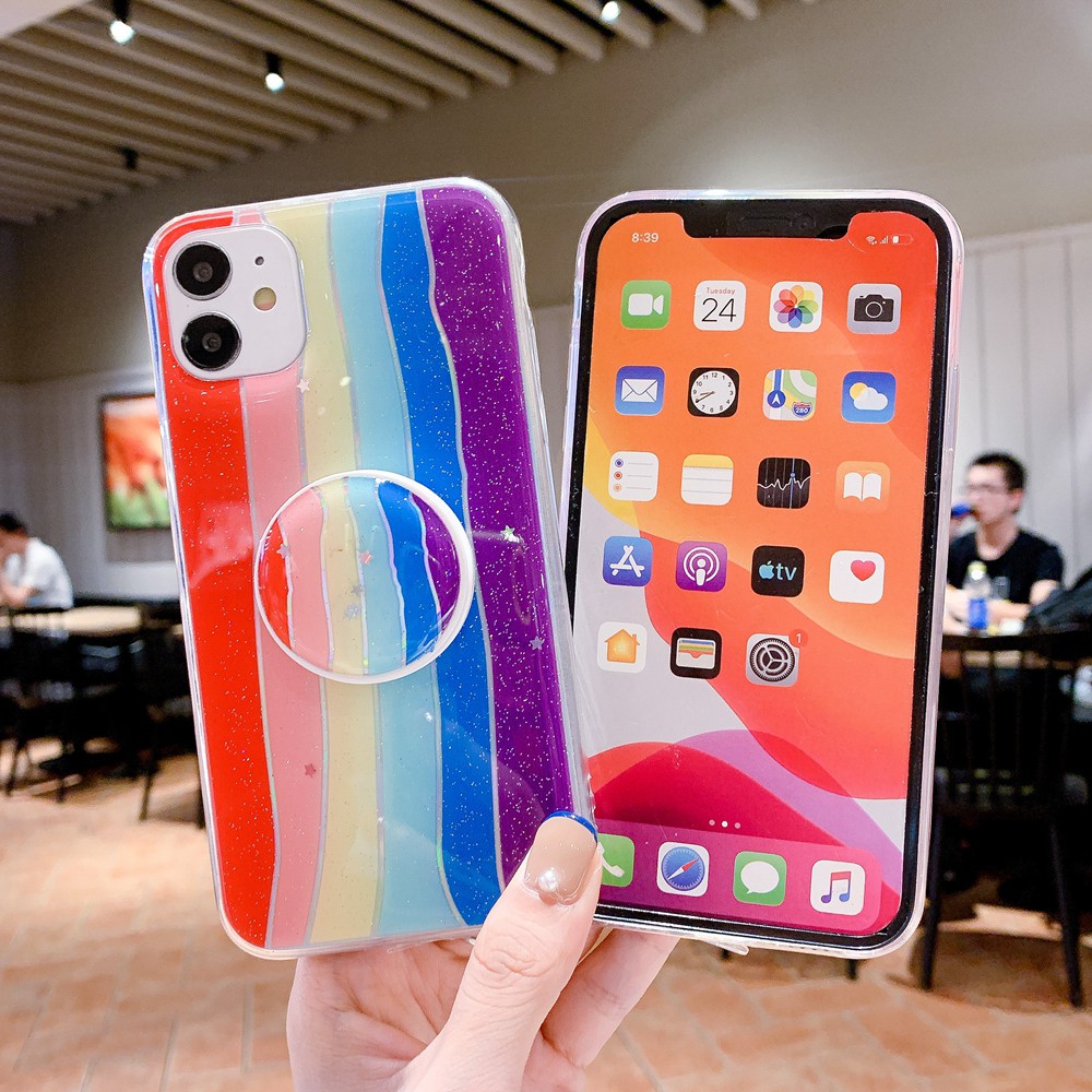 Bracket Case iphone 12 11 pro Max 12 mini Bling Ốp lưng cứng PC họa tiết da cá sấu 3D dành cho iphone X XS Max XR iphone 7 8 Plus 6 6s plus Rainbow glitter desk holder stand