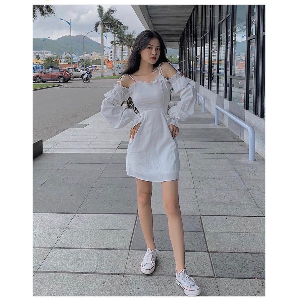 [Mã SKAMA06 giảm 8% tối đa 50K đơn 250K] ĐẦM TRẮNG 2 DÂY RỚT VAI TAY PHỒNG | BigBuy360 - bigbuy360.vn