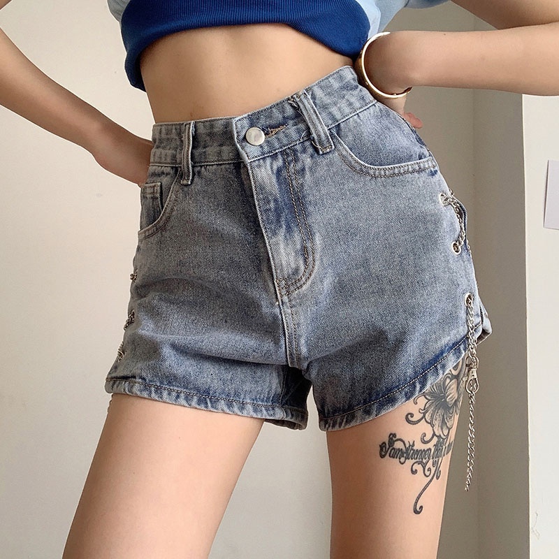 Quần Short Denim Dáng Chữ A Ống Rộng Lưng Cao Xẻ Tà Phối Dây Xích Thời Trang Dành Cho Nữ