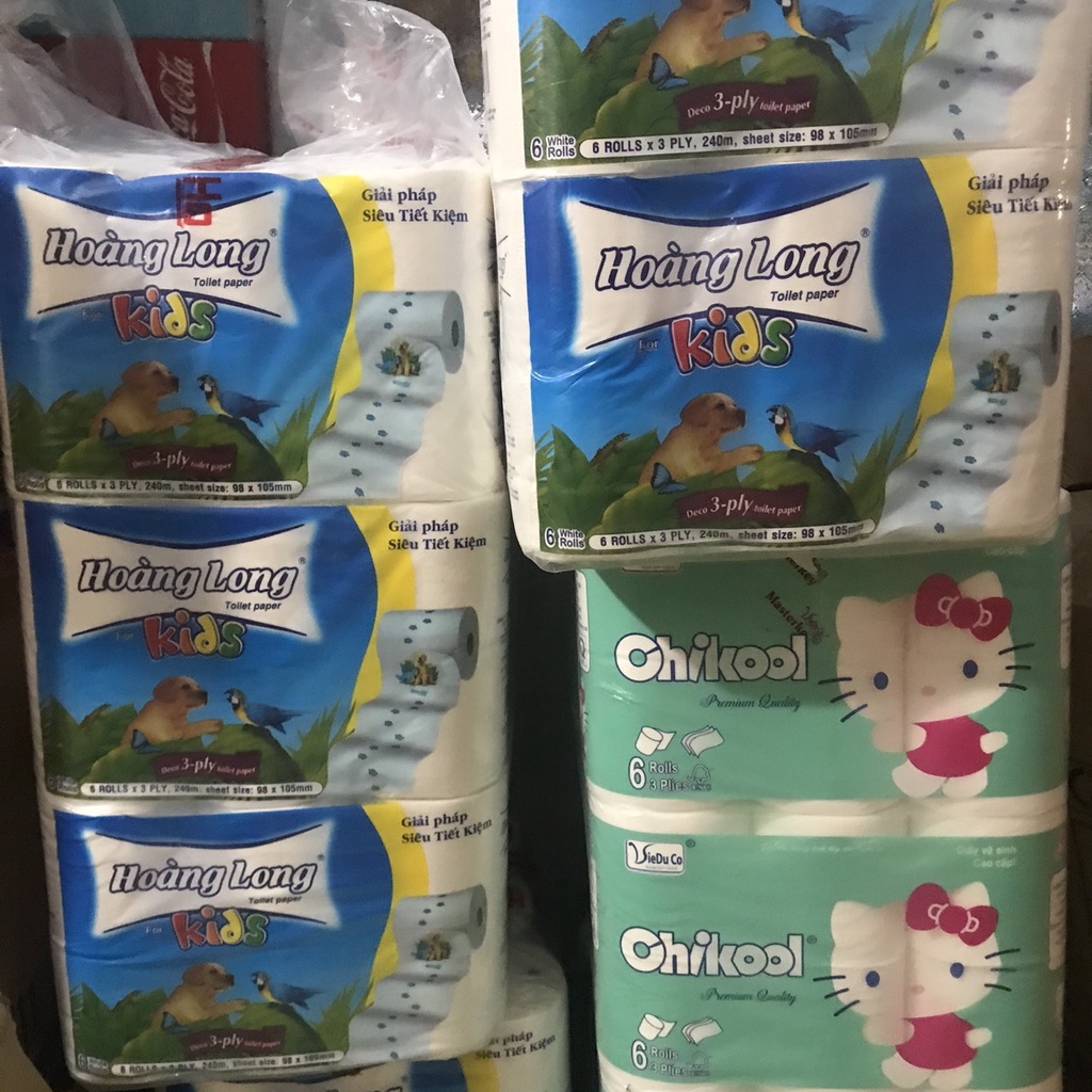 Lốc 6 cuộn giấy vệ sinh lụa Hoàng Long Kids 900g không lõi