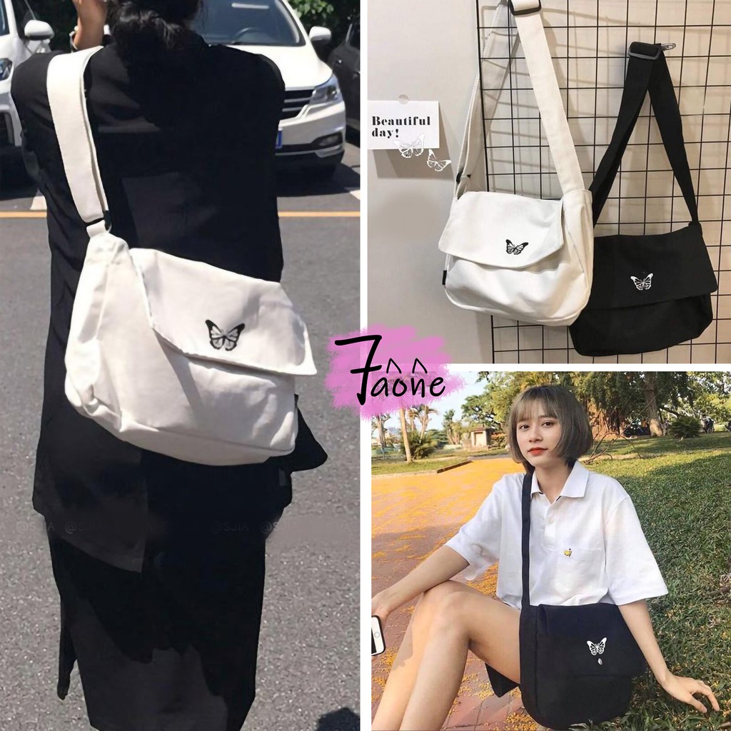 TÚI TOTE BƯỚM ĐEO CHÉO HÌNH IN (CÓ TÚI CON + NÚT NAM CHÂM) VẢI CANVAS UNISEX