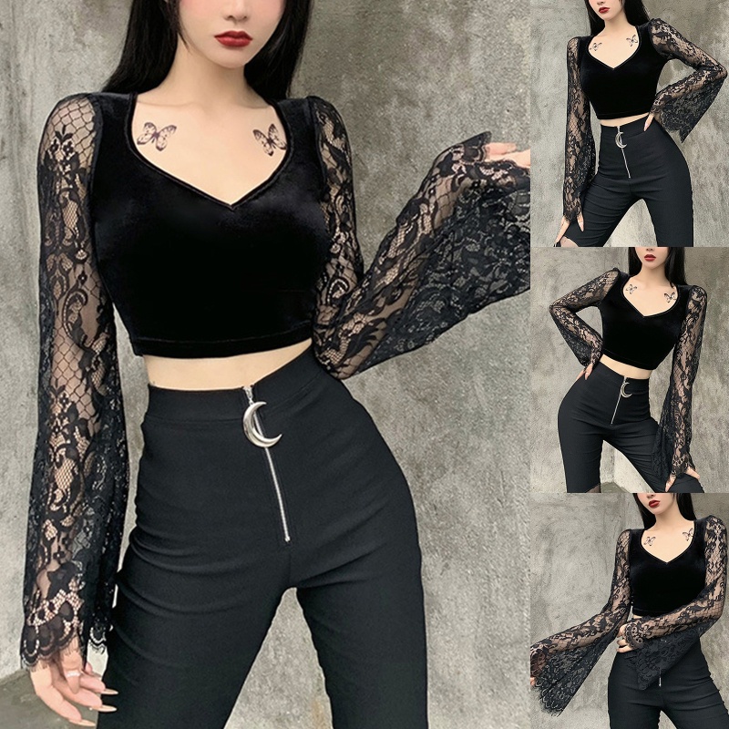 Áo Croptop Nhung Đen Tay Dài Ống Loe Cổ Chữ V Khoét Sâu Phối Ren Phong Cách Vintage Harajuku Thanh Lịch Cho Nữ