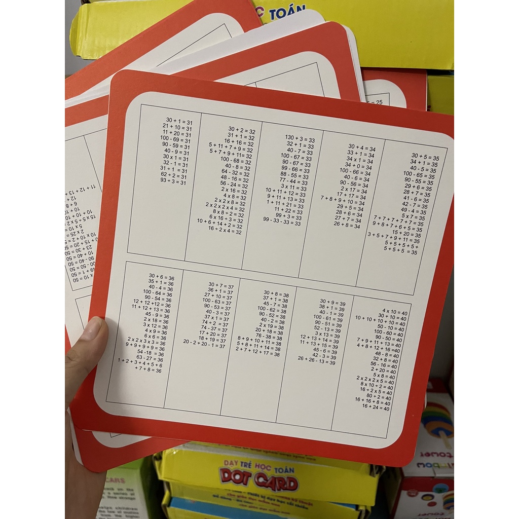 Bộ thẻ chấm 56 thẻ (số từ 0-50 và 5 dấu) Dot card 21x21cm to dày đẹp Giúp con học Toán Flashcard Glenn Doman