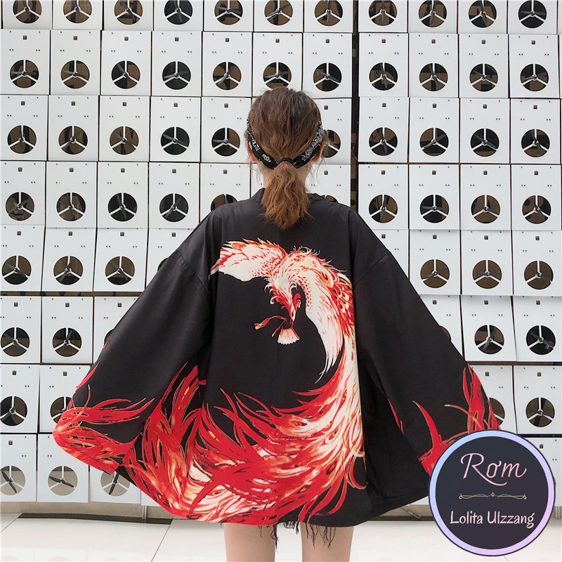 Sẵn - Đen/Trắng - Áo khoác kimono phong cách Nhật Bản hình phượng hoàng lửa đỏ, lolita ulzzang