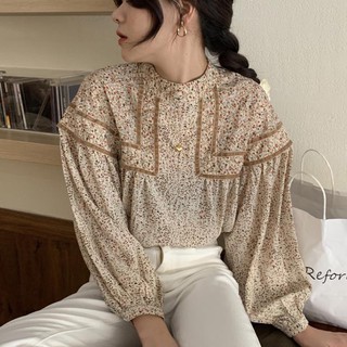 Áo sơ mi nữ hoa nhí tay bồng cổ cao tiểu thư phong cách Vintage Hàn Quốc 2021