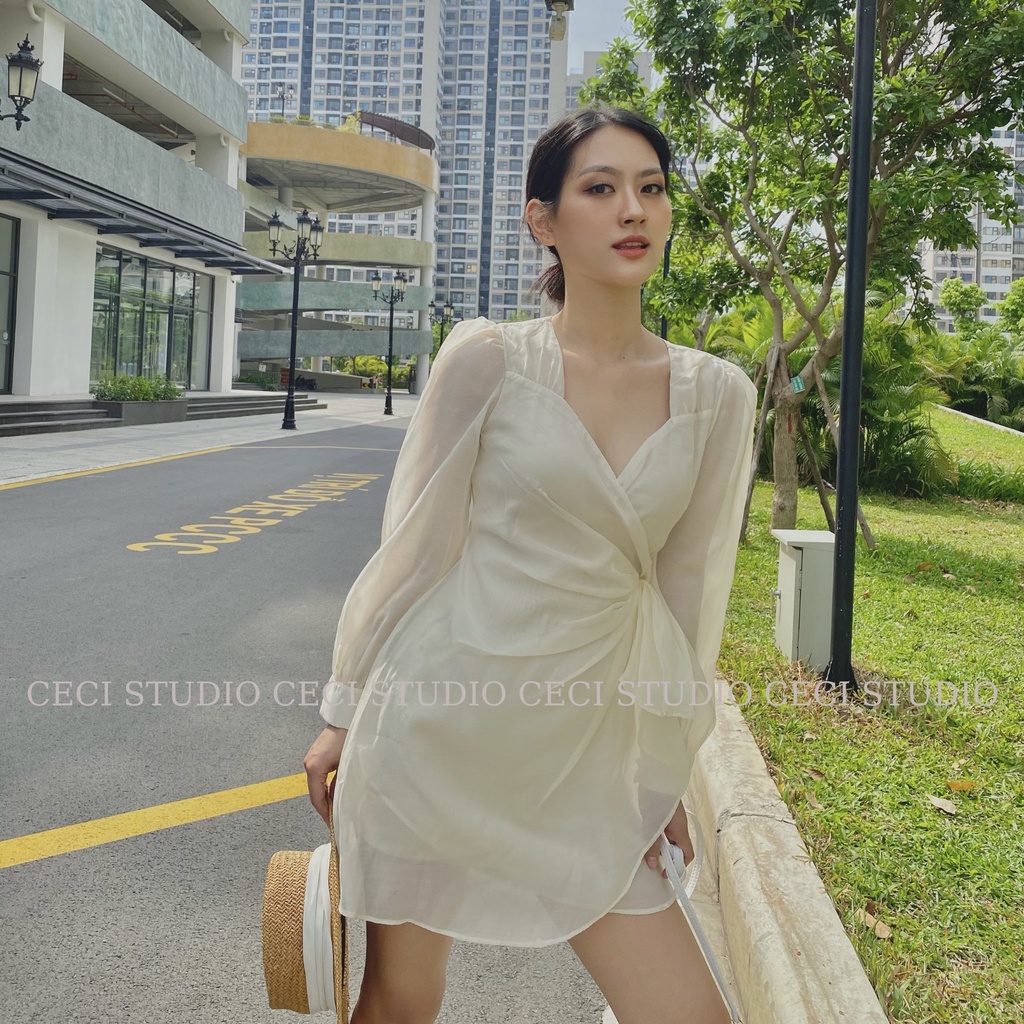 Váy Dáng Xòe Thắt Nơ Eo Tay Bồng Tiểu Thư Cực Xinh Dành Cho Nữ