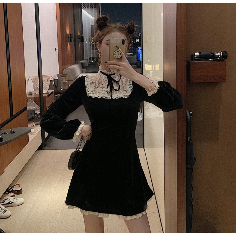 (Sẵn S) Đầm Nhung Mịn Phối Ren Phong Cách Gothic Váy đen cổ viền ren tiểu thư