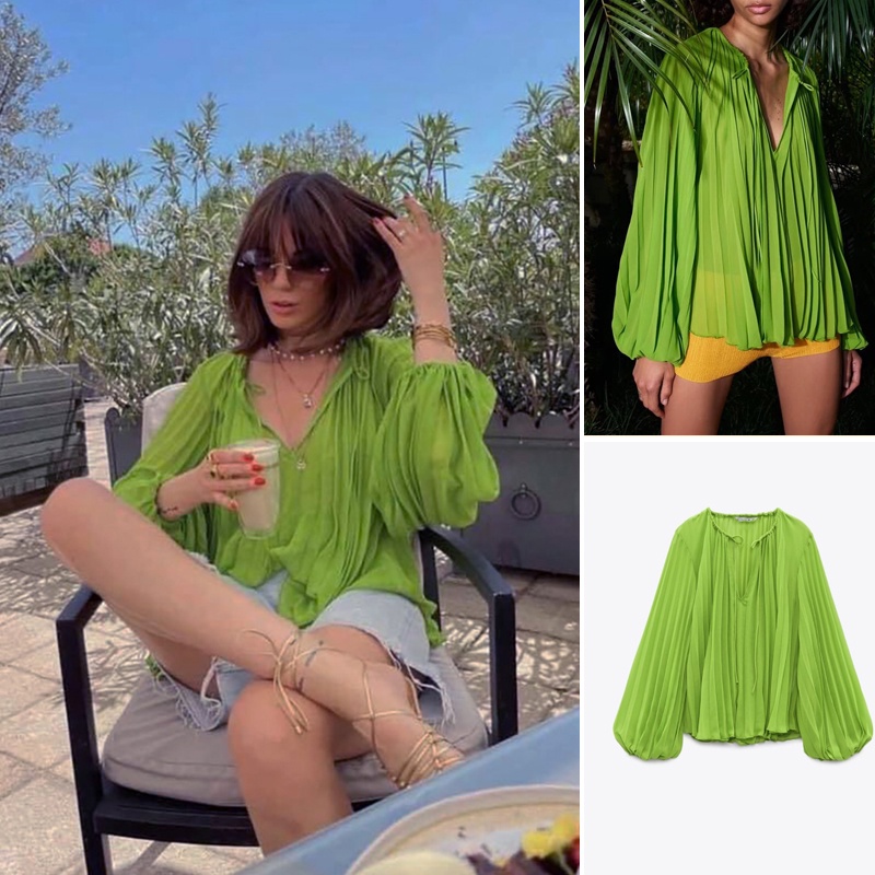 Áo Kiểu Tay Dài Phồng Cổ Tròn Xếp Ly Thắt Nút Phong Cách Âu Mỹ Zara 22 Thời Trang Cho Nữ7563049