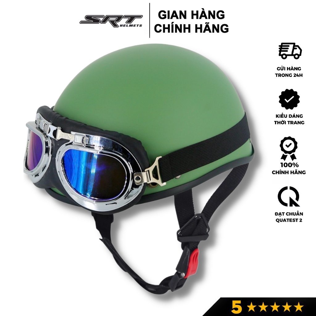Mũ bảo hiểm nửa đầu SRT ASA05, nón trơn màu cao cấp Freesize vòng đầu từ 54-60cm, kèm kính phi công, UV