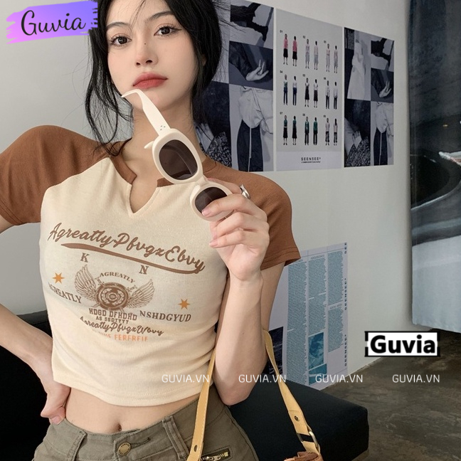 Áo Croptop Ôm Body Nữ AGREATLY Cổ Tròn Tay Ngắn, Áo Thun Croptop Kiểu Sexy In Họa Tiết GUVIA CR63