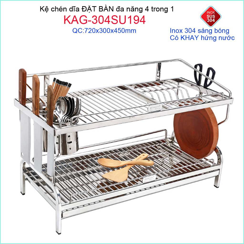 Kệ chén bát đặt bàn Tovashu KAG-304SU194-72cm, Kệ chén dĩa đa năng ( ống đũa-máng dao + khay hứng nước) Inox hộp SUS304