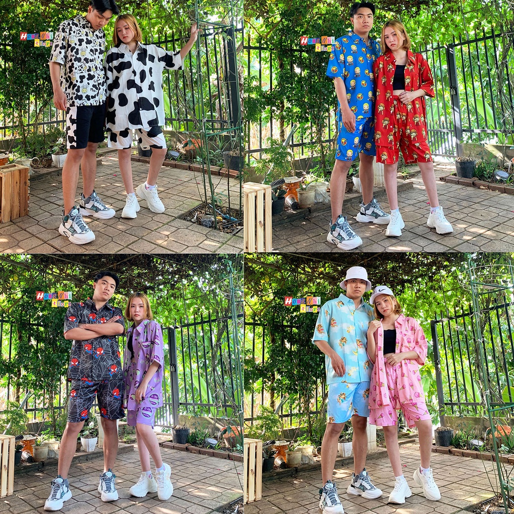 Set Bộ Áo Sơ Mi Hoạ Tiết Phối Quần Cartoon Đùi Dáng Rộng Ulzzang Unisex - MM