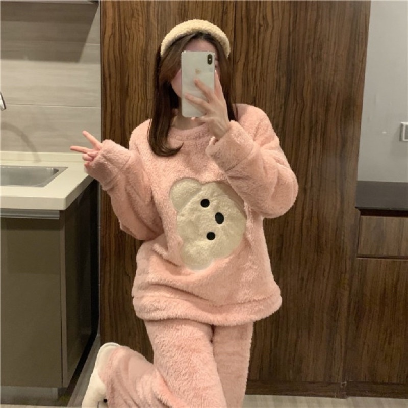 [44CAM] Bộ ngủ nữ dài tay cổ tròn mùa đông họa tiết gấu cute rộng rãi thoải vải nỉ bông ấm áp
