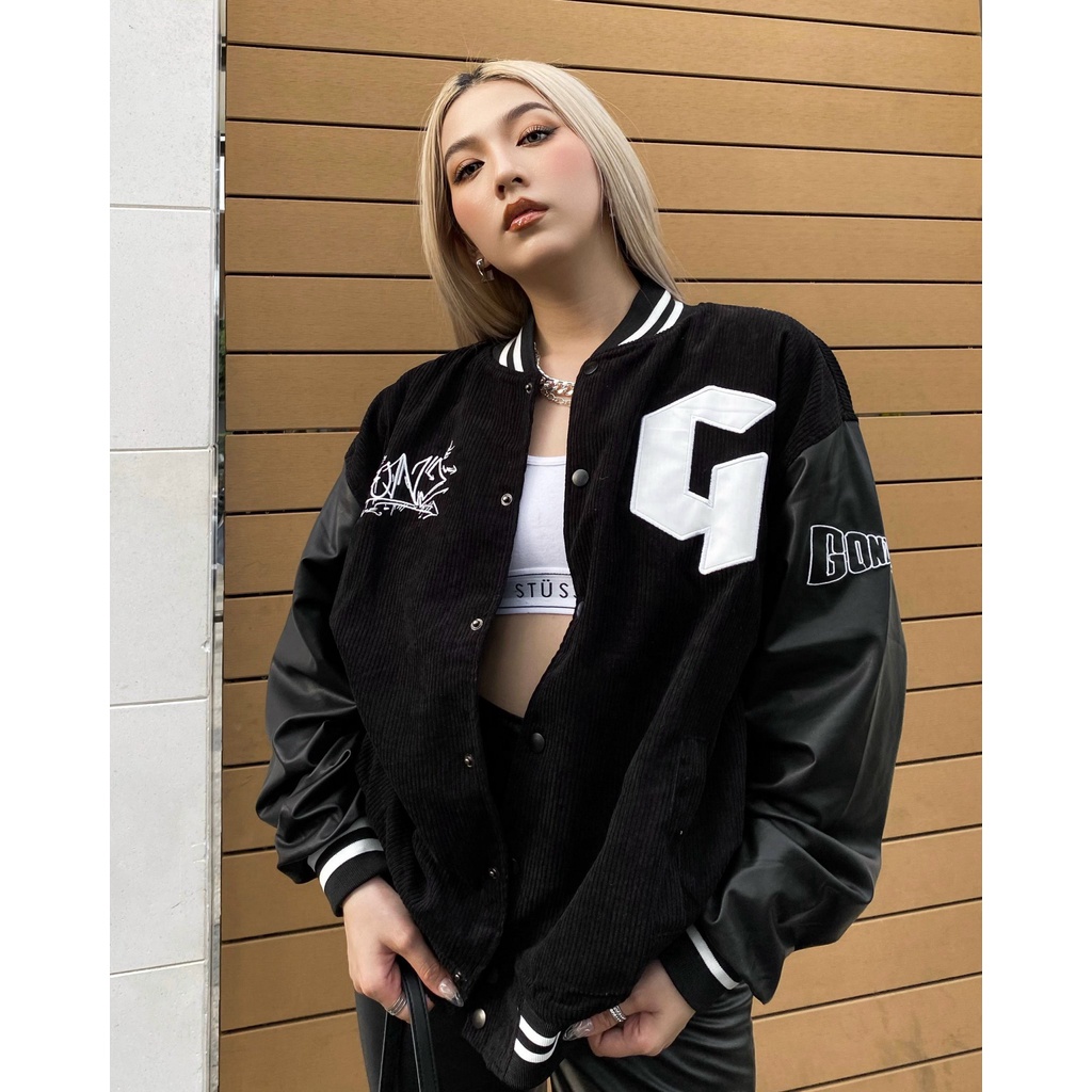 Áo Khoác Nhung Tăm Phối Tay Da Jacket Varsity Graffiti Gonz V1