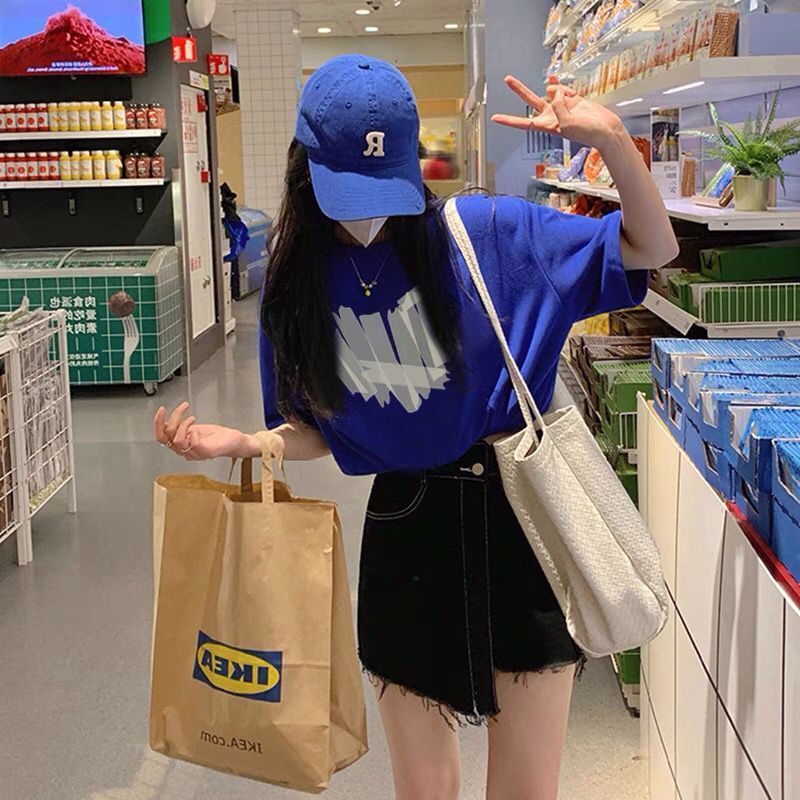 Áo Thun Tay Ngắn Dáng Rộng Màu Xanh Dương Phong Cách Hàn Quốc Thời Trang Cho Nữ