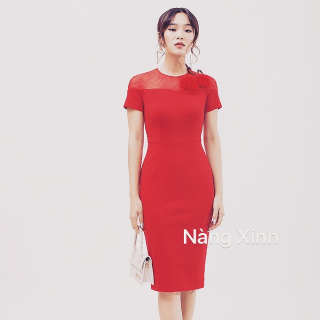 Đầm bút chì decoupe ngực, phối lưới