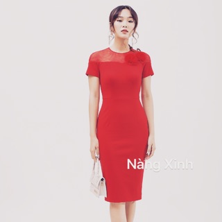 Đầm bút chì decoupe ngực, phối lưới