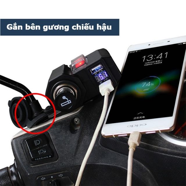 Sạc điện thoại gắn xe máy 3trong 1 sạc nhanh 2.1A có lỗ tẩu và màn hình hiển thị điện thoại chống nước