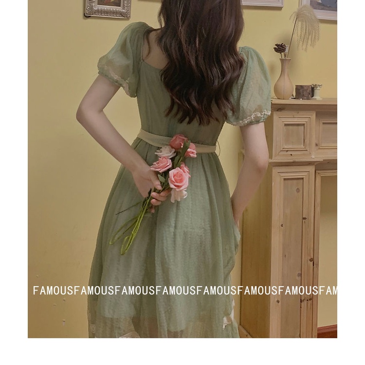 Đầm Công Chúa Dáng Dài Cổ Vuông Màu Xanh Lá Thời Trang Mùa Hè Hàng Mới Dành Cho Bạn Nữ