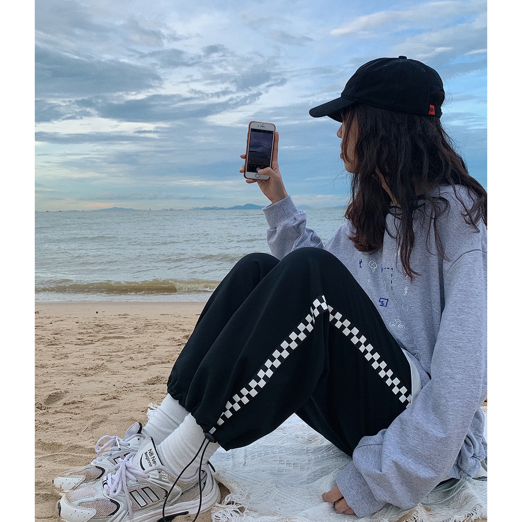 Quần Dài Lưng Cao Ống Rộng Họa Tiết Sọc Caro Phối Dây Rút Phong Cách Hàn Quốc Thời Trang Cho Nữ