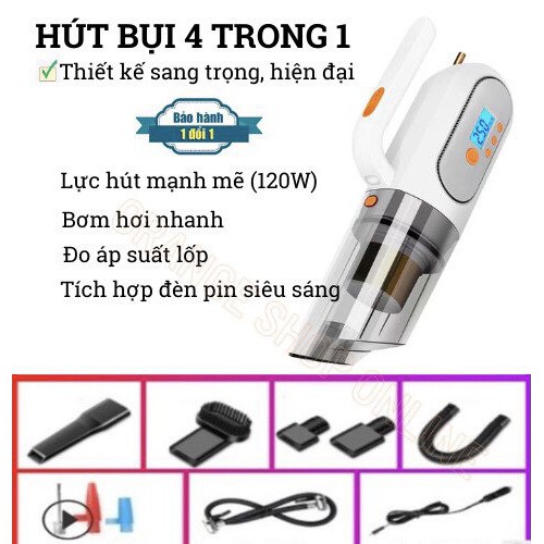 [4 TRONG 1] Máy Hút Bụi Kiêm Bơm Lốp Ô Tô - Hút Bụi Mini Cầm Tay Lực Hút Mạnh