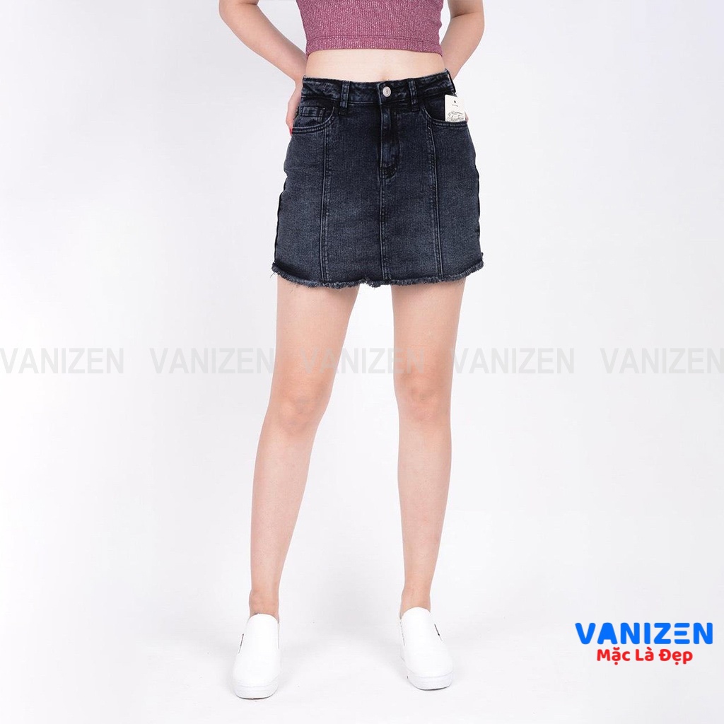 Chân váy jean nữ có quần bên trong đẹp lưng cao cạp cao trơn gân gấu tua rua xám khói hàng hiệu cao cấp mã 433 VANIZEN