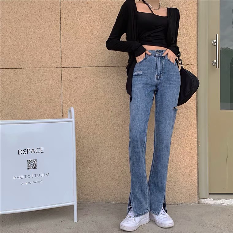 Quần Bò Jean Nữ Ống Loe Cạp Cao Chất Vải Bò Co Giãn 4 Chiều, Quần jean xẻ gấu cá tính BeU Shop Q20