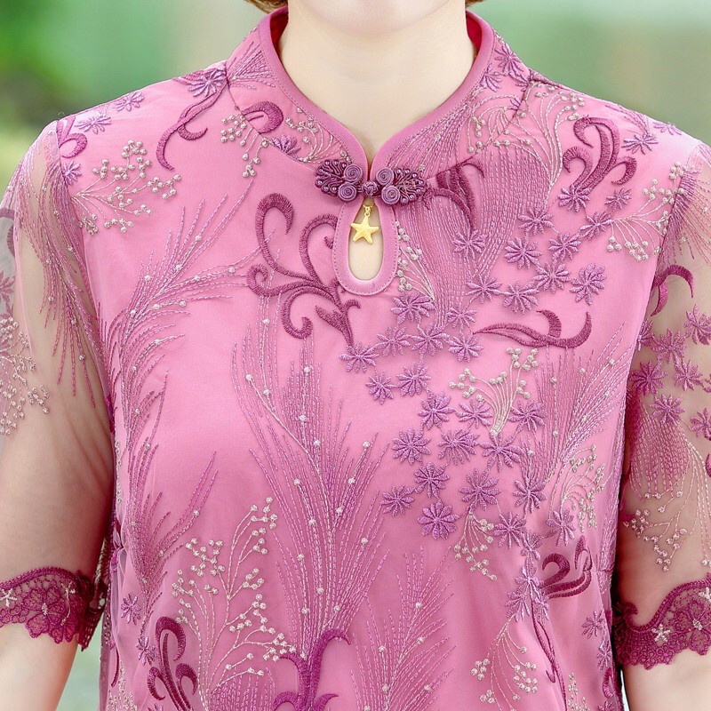 Đầm voan trung niên nữ cao cấp, thiết kế hoạ tiết thêu hoa lá trẻ trung, phối viền ren sang trọng  NV0649