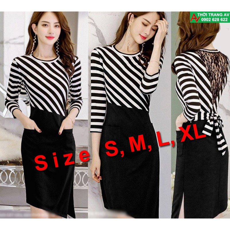 Đầm ôm body tay lỡ lai xéo sọc trắng đen phối ren lưng cực xinh - AV5988