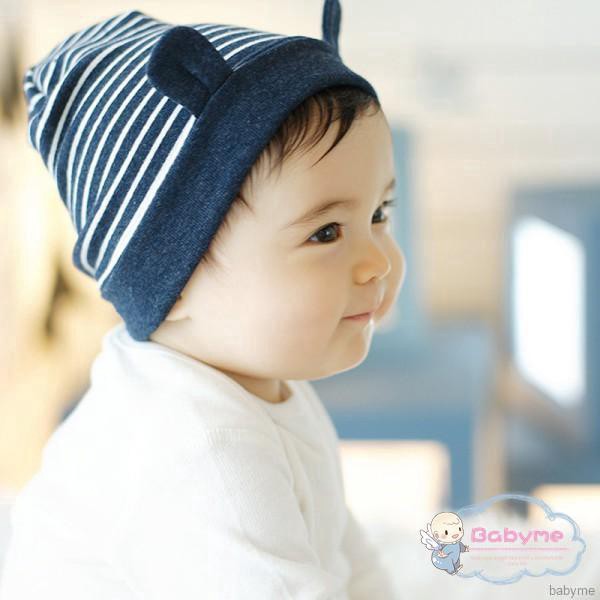 Mũ trùm đầu chất liệu cotton kẻ sọc có tai dễ thương cho bé