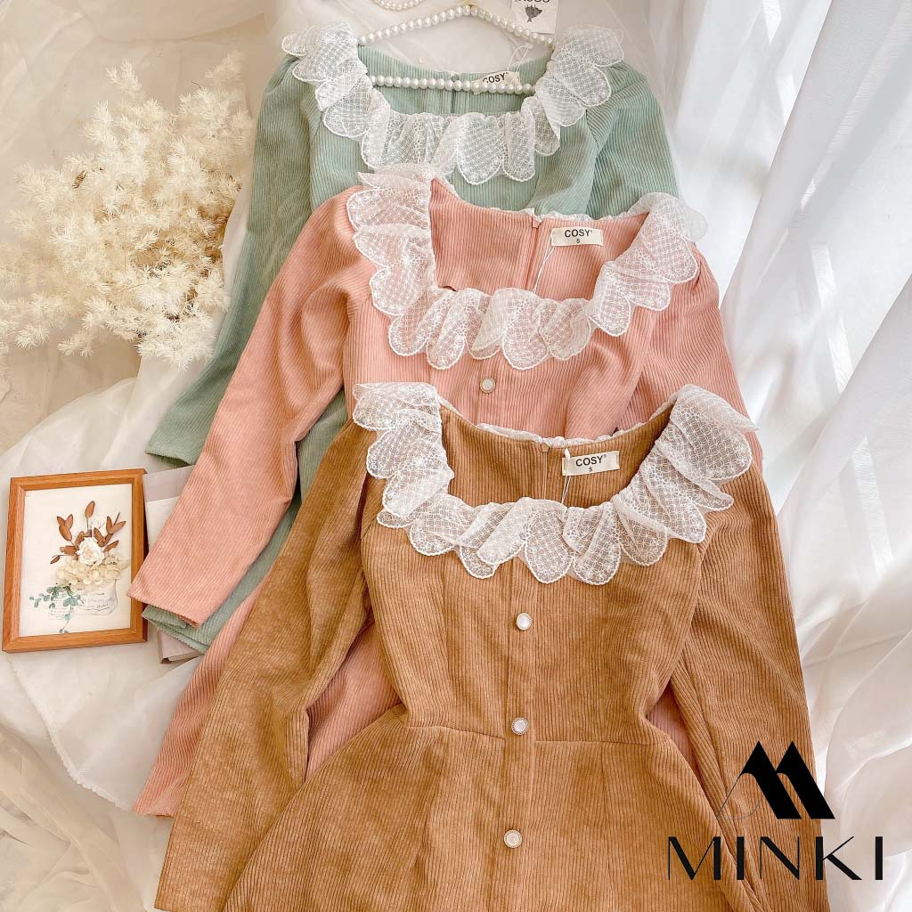 ĐẦM NHUNG GÂN 3 MÀU CỔ REN TRẮNG - CHẤT LIỆU CAO CẤP - MÀU HỒNG / NÂU / XANH | BigBuy360 - bigbuy360.vn