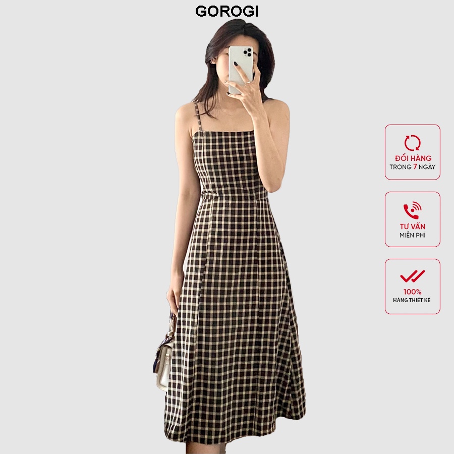 Váy 2 dây dáng dài đi biển Gorogi, váy body 2 dây kẻ caro, váy hai dây ôm thiết kế, maxi đi biển