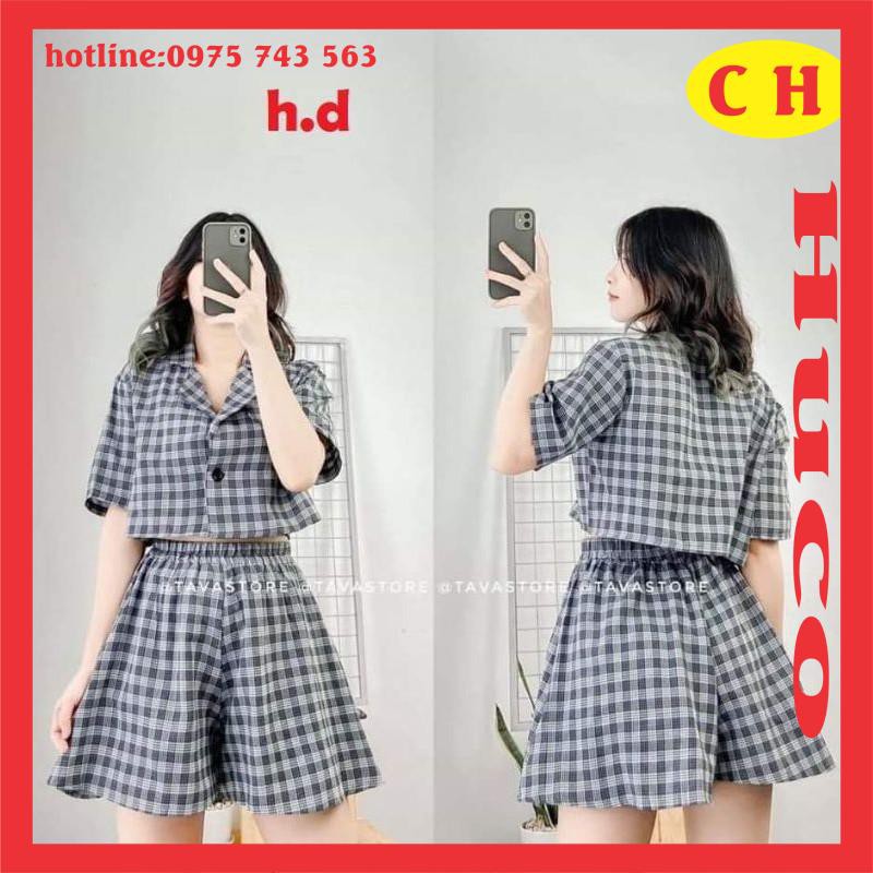 [ẢNH THẬT] sét áo croptop kẻ karo cổ bẻ có cúc + quần giả chân váy xòe ngang đùi, sét váy nữ freesize năng động cá tinhS