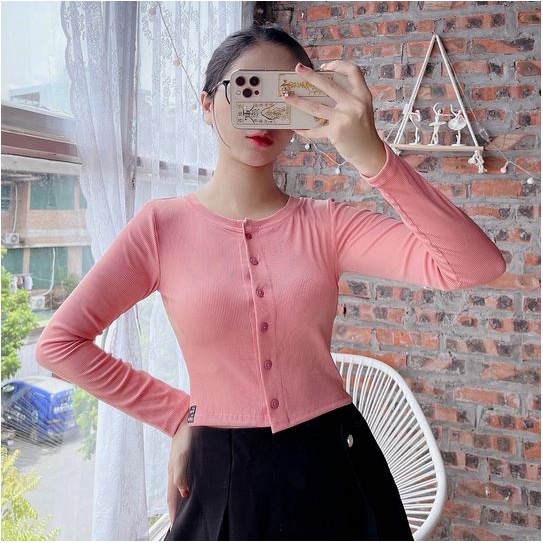 Áo thun Croptop ôm body Tay Dài nữ khuy cúc phong cách Ulzzang,Áo khoác nhẹ kiểu dáng croptop cá tính