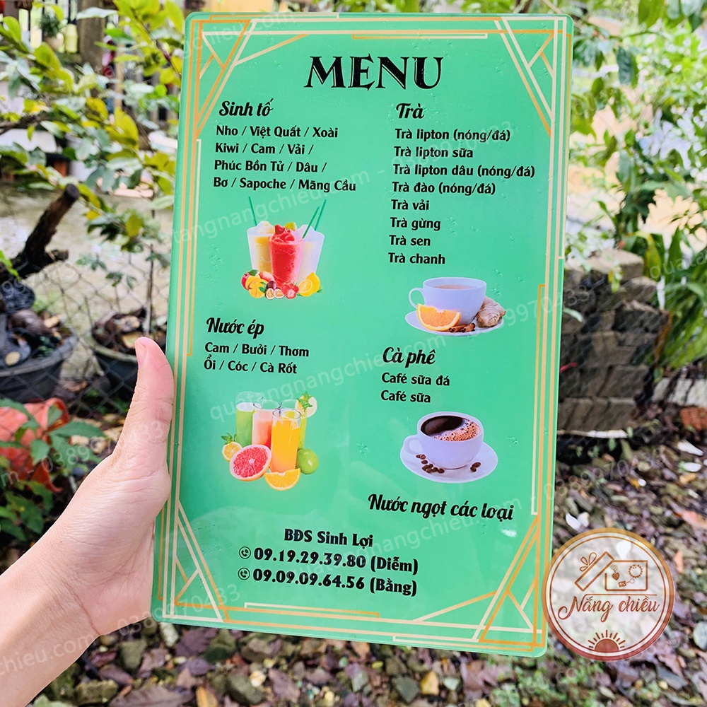 Menu đồ uống nước ép cho tiệm cà phê thiết kế nội dung theo yêu cầu - Chất liệu mica sáng bóng - Size 17x27cm