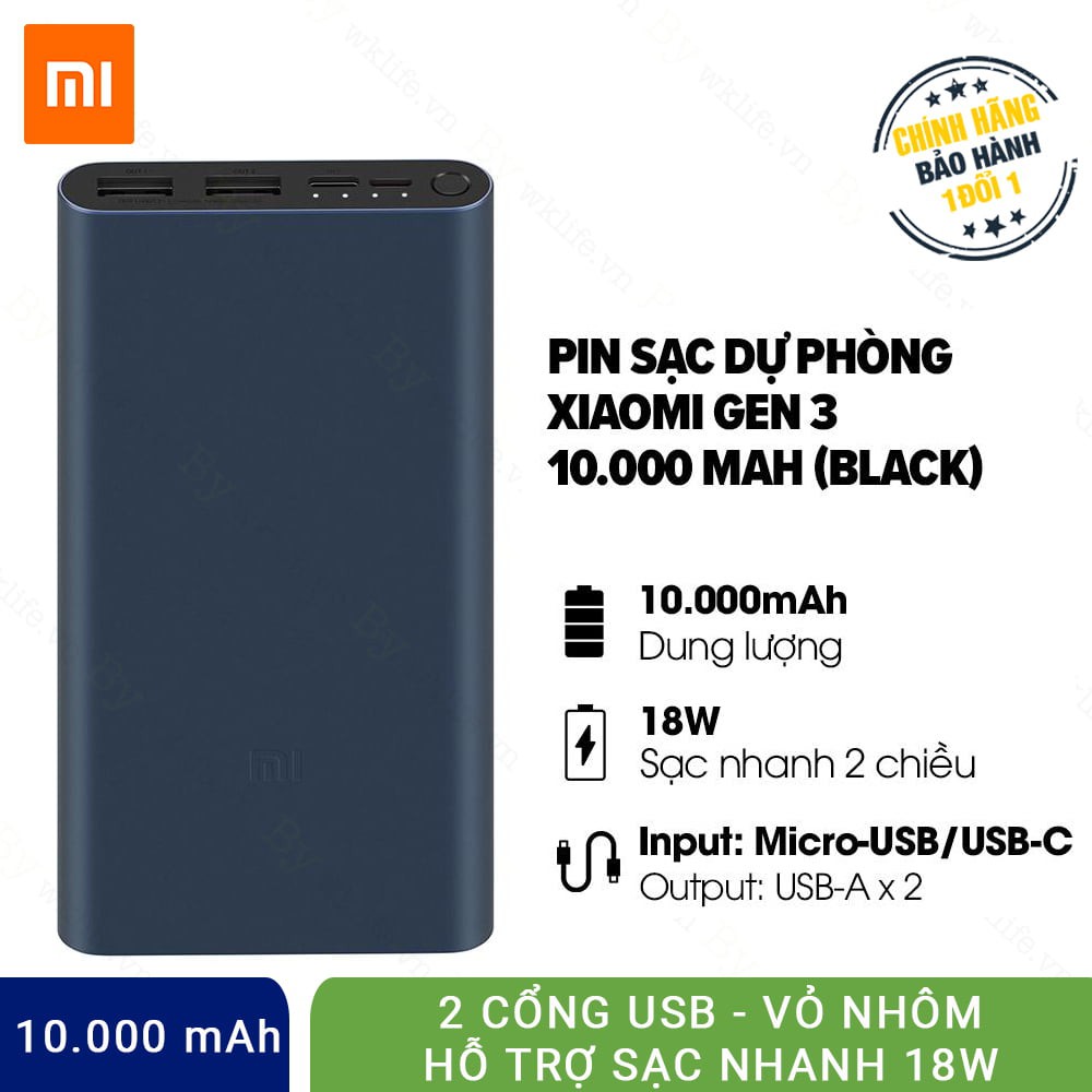 Pin sạc dự phòng Xiaomi Mi Gen 3 10000 mAh 18W - Hỗ trợ sạc nhanh (Đen, Bạc) - Hàng chính hãng