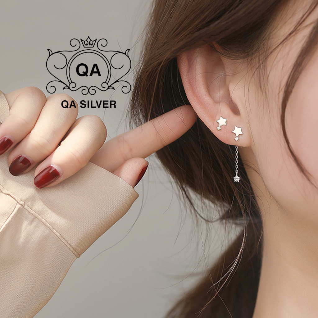 Khuyên tai bạc 925 ngôi sao bất đối xứng bông nữ đính đá S925 STAR Silver Earrings QA SILVER EA200802