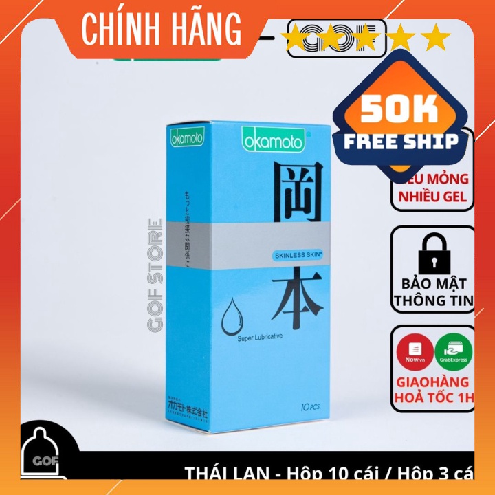 Bao cao suFreeshipOkamoto bôi trơn siêu mỏng  Skinless Super Lubricated Hộp 10 cái bcs