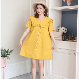 Đầm váy freesize vàng cổ bèo nút trắng