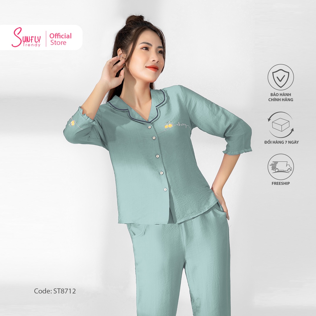 Bộ đồ mặc nhà nữ pijamas linen SUNFLY áo tay lỡ quần dài ST8712