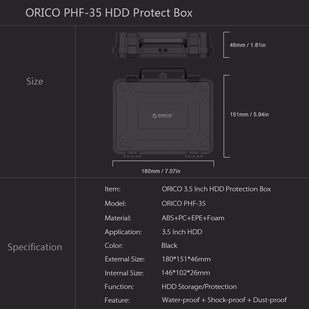 Hộp bảo vệ ổ cứng HDD ORICO 3.5 inch chống thấm nước chống sốc chống bụi thiết kế nắp chụp và khóa an toàn