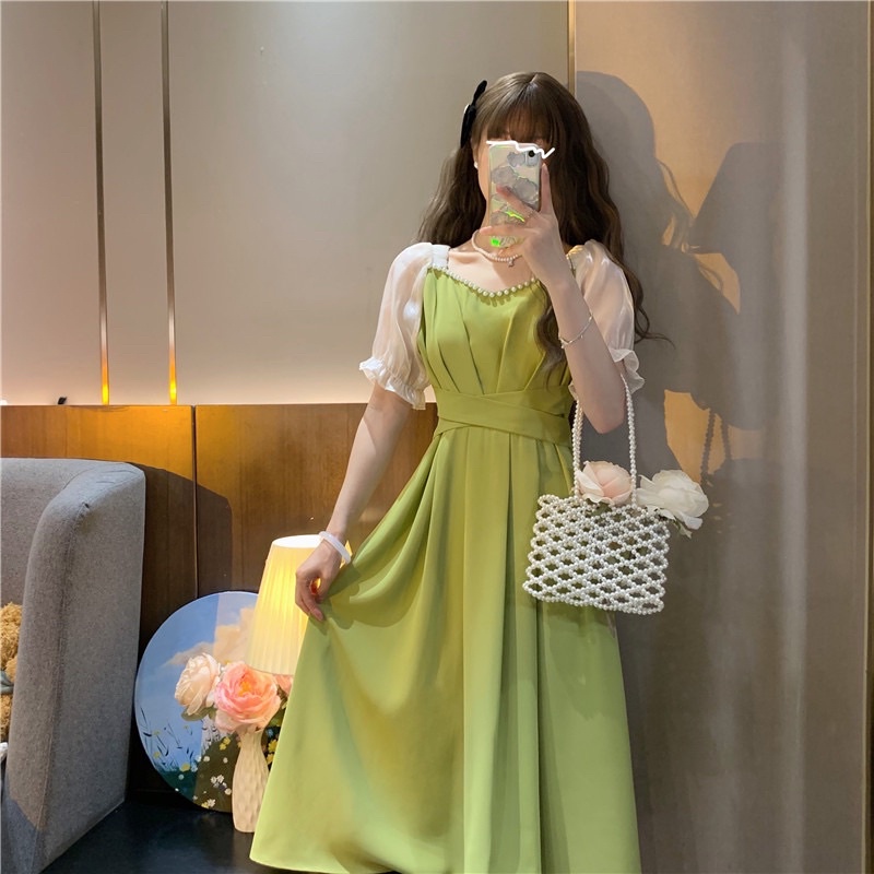 Đầm Maxi Tay Bồng Ngắn Tay Đính Viền Ngọc Dây Đan Eo Cực Đẹp