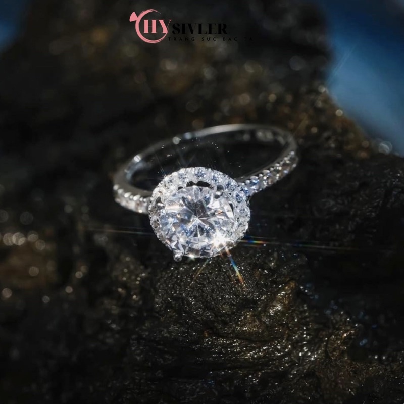 Nhẫn bạc ta đính đá ổ đá tròn đá cao sang chảnh nhẫn nữ bạc thật giá rẻ CHY SILVER