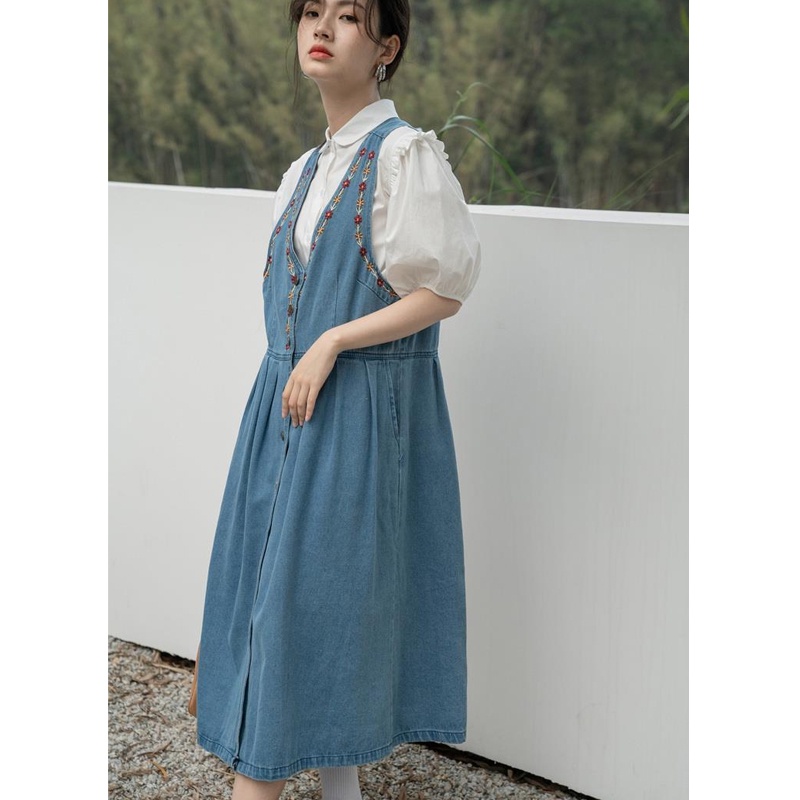 IMAODOU Đầm denim kiểu chữ A phong cách mùa hè Hàn Quốc kiểu đường thêu giản đơn dành cho nữ 2023