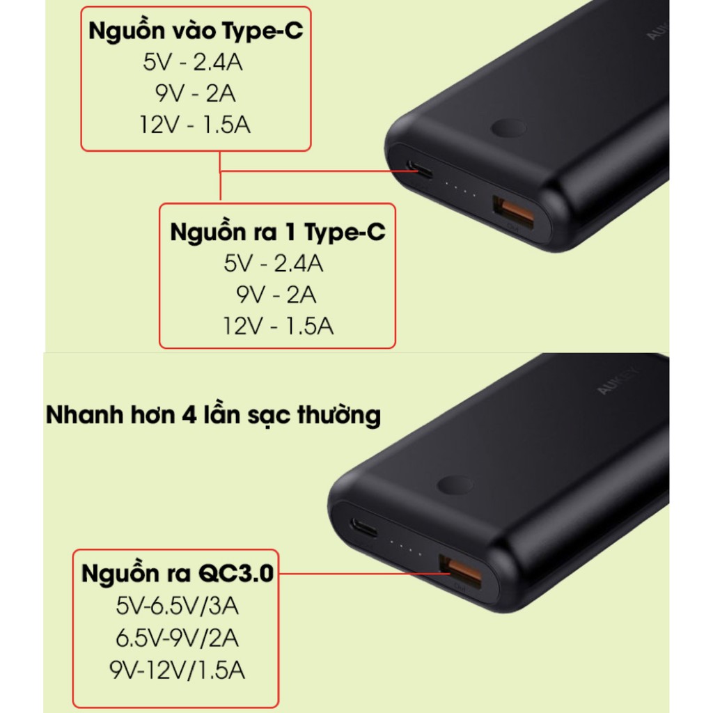 Pin sạc dự phòng iPhone, iPad, Nintendo, S10, S9, Note 8, Note 9, AUKEY PB-XD10 100500mAh PD 2.0 18W &amp; QC 3.0 18W